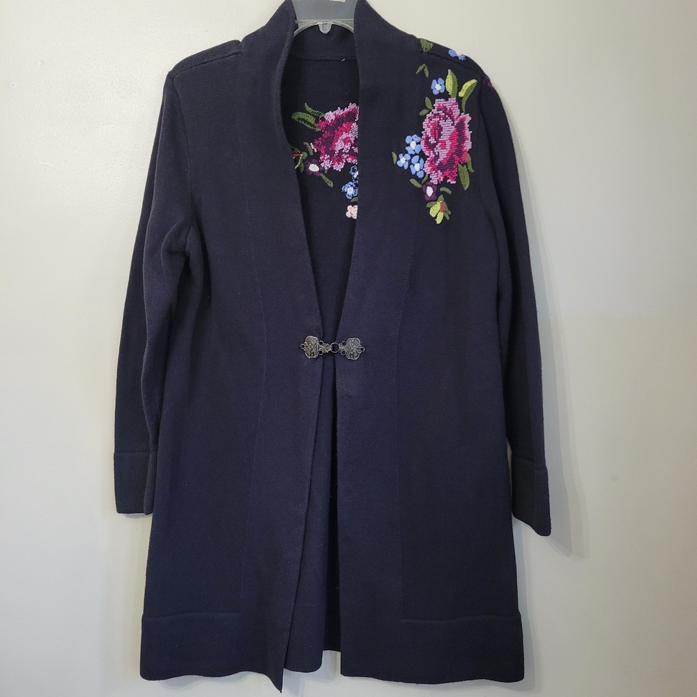 Navy Blue Floral Embroidered Longline Cardigan‎ Shawl Collar Filigree Clasp